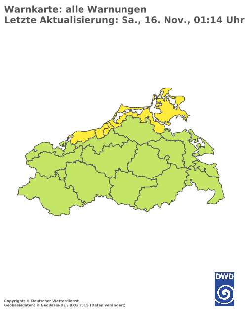 Aktuelle Wetterwarnungen für  Vorpommern-Greifswald - Küste Süd