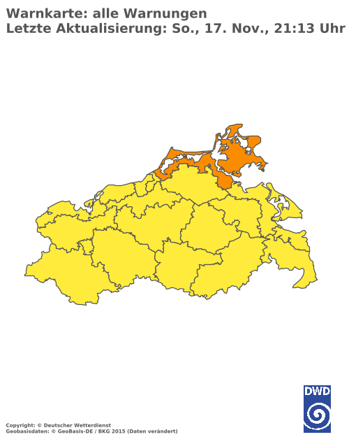 Aktuelle Wetterwarnungen für  Vorpommern-Greifswald - Küste Süd