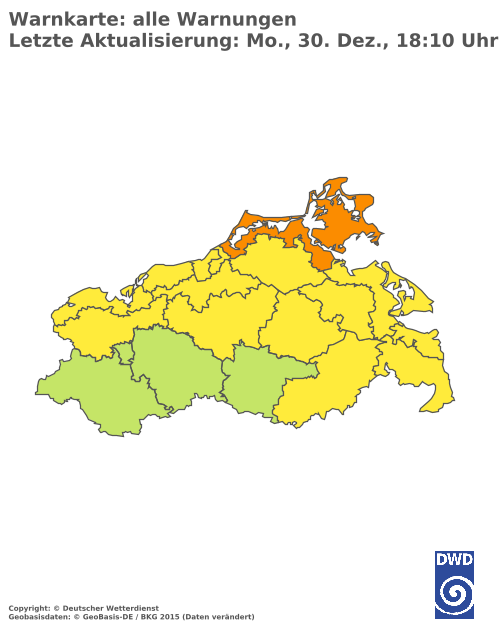 Aktuelle Wetterwarnungen für  Vorpommern-Greifswald - Küste Süd