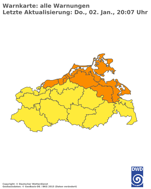 Aktuelle Wetterwarnungen für  Vorpommern-Greifswald - Küste Süd