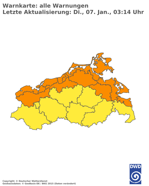 Aktuelle Wetterwarnungen für  Vorpommern-Greifswald - Küste Süd