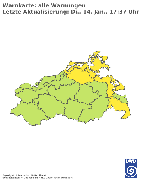 Aktuelle Wetterwarnungen für  Vorpommern-Greifswald - Küste Süd